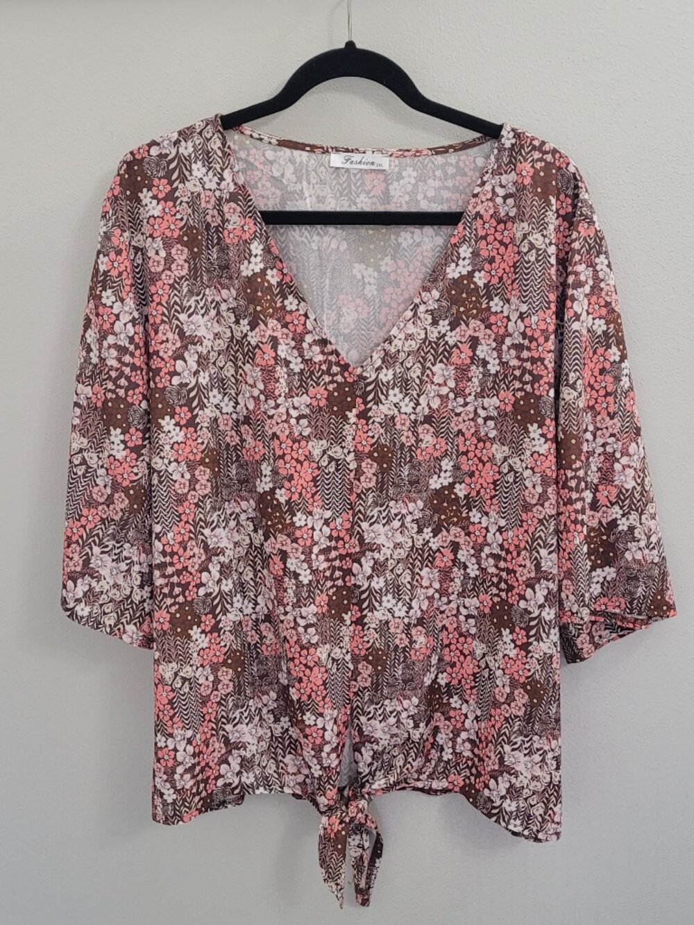 Fashion 2XL Women’s Floral Tie Front V-Neck Blouse Brown Pink 3/4 Sleeve